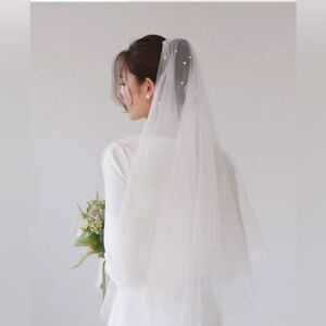 Two Tier Short Wedding Veil with Pearl Waist Length